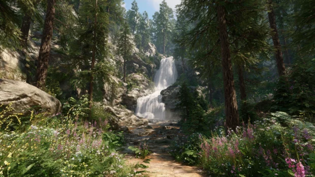 A peaceful forest Waterfall surrounded by dense pine trees and vibrant wildflowers in immersive 4K quality.