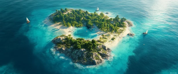 A peaceful island paradise surrounded by turquoise waters rendered in 3440x1440 ultra wide.