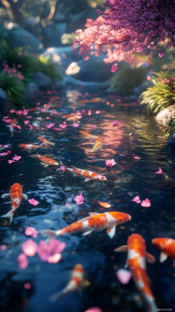 A peaceful koi pond in a Japan garden where vibrant fish swim lazily among floating petals.