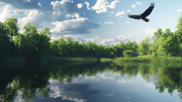 A peaceful lake reflecting an American eagle overhead.