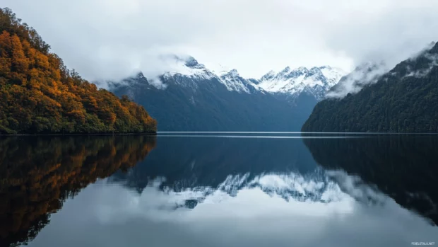A peaceful lake reflecting snow capped peaks surrounded by autumn forests.