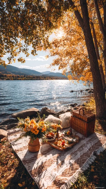 A peaceful lakeside picnic scene filled with Fall vibes, surrounded by orange and yellow trees under soft sunlight.