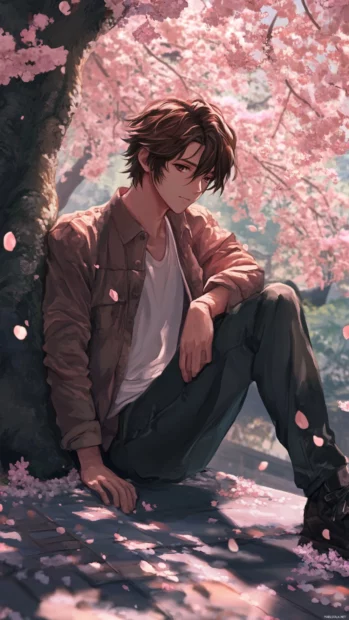 A peaceful moment with a Japanese anime boy sitting under a blooming sakura tree.