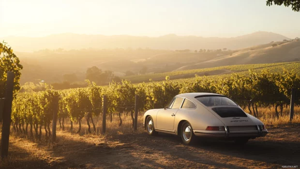 A peaceful morning scene with a vintage Porsche parked near a vineyard with soft light on the hills.