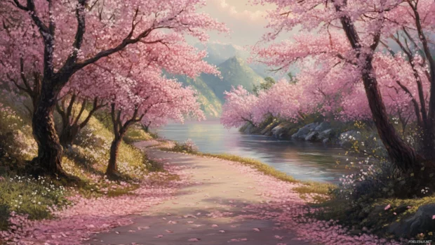 A peaceful path lined with Japanese cherry blossom trees in full bloom stretching along a tranquil river.