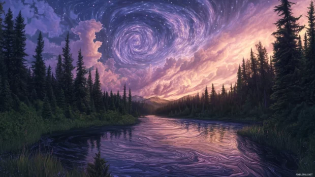 A peaceful river winds through evergreen trees as cosmic clouds swirl softly beyond the twilight horizon.