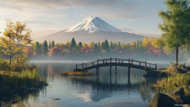 A peaceful riverside view where Mount Fuji rises in the distance beyond a small wooden bridge.
