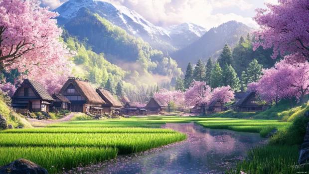 A peaceful rural village in Japan surrounded by vibrant cherry blossom trees and green rice fields.