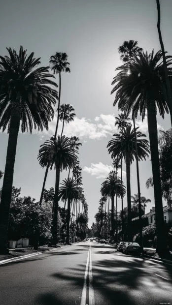 A peaceful street lined with black and white palm trees under a bright open sky.