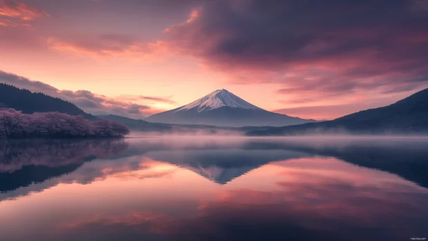 A peaceful sunrise over Mount Fuji in Japan reflected perfectly in the still waters of Lake Kawaguchi surrounded by cherry blossoms.