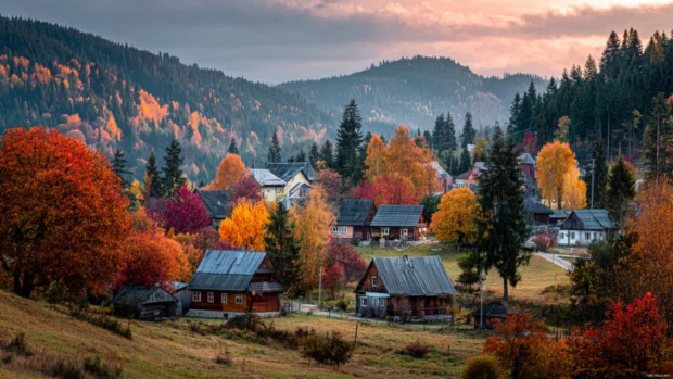 A peaceful village in Beautiful Fall, colorful trees surrounding charming wooden houses under a serene sky.