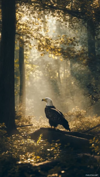 A peaceful woodland clearing becomes the stage for the resting Eagle.
