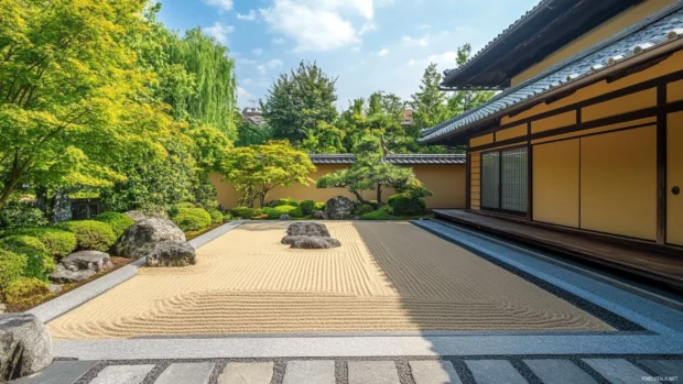 A peaceful zen garden with raked sand and neatly arranged stones.
