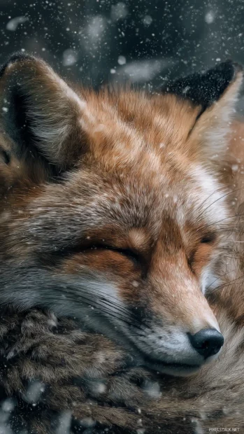 A photorealistic Fox sleeping soundly under soft snowfall, detailed textures, calm and wintery atmosphere.