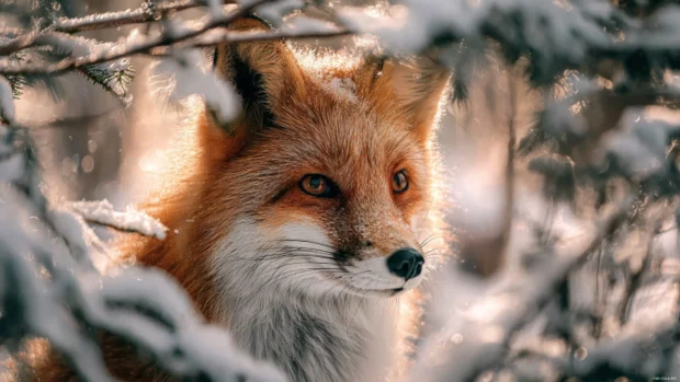 A photorealistic red fox gazing through snow covered branches with subtle lens flare effects for a fox wallpaper hd.