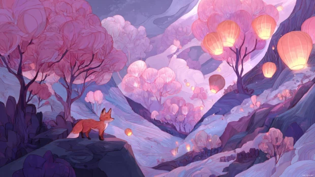 A pink hued magical landscape with a Cute Fox chasing floating lanterns, dreamy lighting, storybook illustration style.