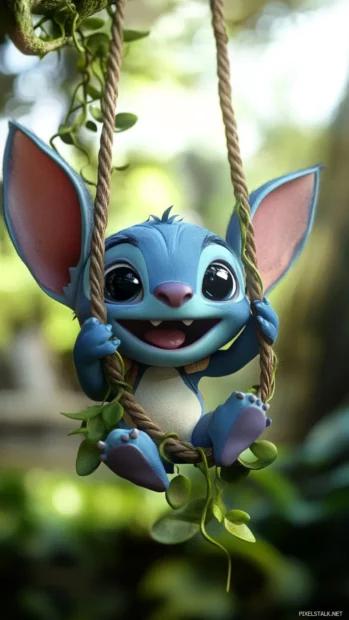 A playful 3D Stitch swinging on a vine with realistic textures and motion.