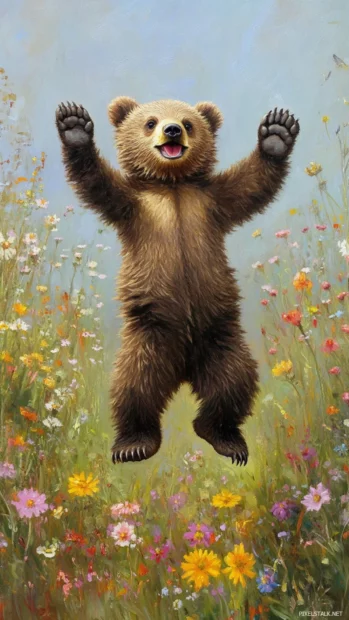 A playful brown bear cub jumping in a field of wildflowers.