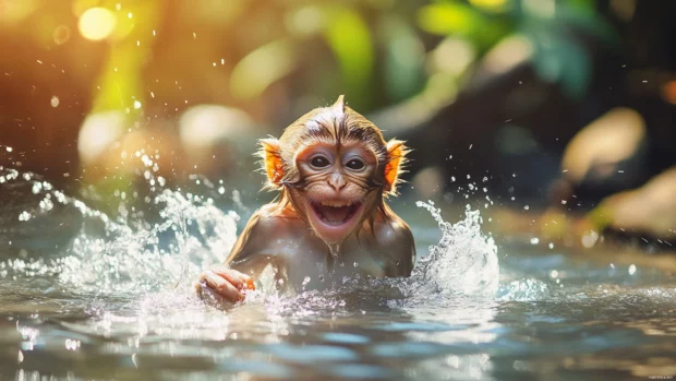 A playful monkey splashing water by a jungle river with a bright smile.