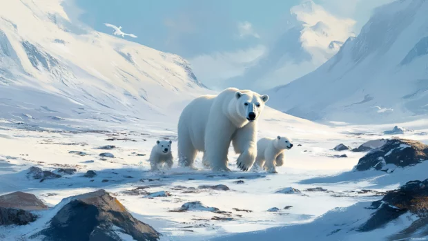 A polar bear family wallpaper illustrating a mother polar bear walking with her cubs across snowy plains.