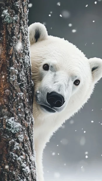 A polar bear lockscreen with a curious polar bear peeking from behind a tree on a simple snowy background.