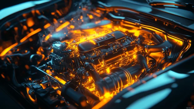 A powerful Porsche engine roaring under the hood with glowing anime effects.