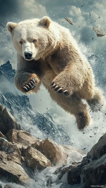 A powerful bear leaping across rocky terrain with dynamic movement.