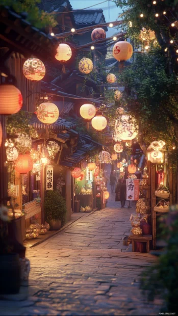 A quiet Japan alley glowing warmly with lanterns where tiny shops invite visitors to explore.