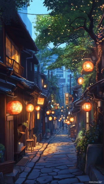 A quiet Tokyo alley lined with traditional wooden houses and glowing lanterns.