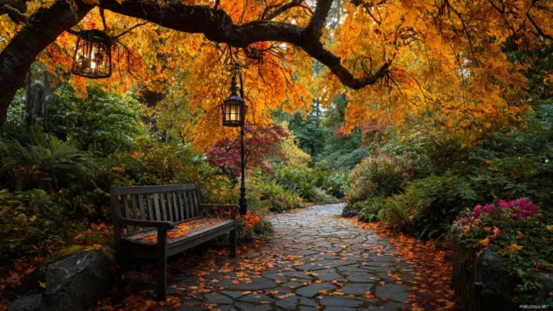 A quiet bench beneath a canopy of Beautiful Fall leaves, surrounded by a mosaic of warm colors.