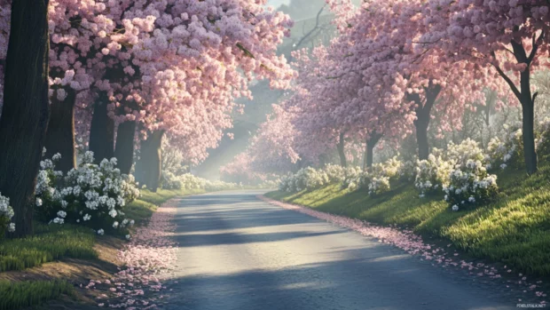 A quiet countryside road lined with cherry blossom trees in full bloom.