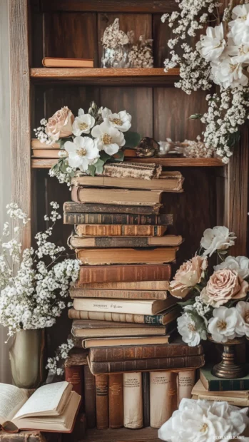 A quiet nook styled as book lover wallpaper for iPhone, showing stacked books, fresh flowers, and vintage decor.