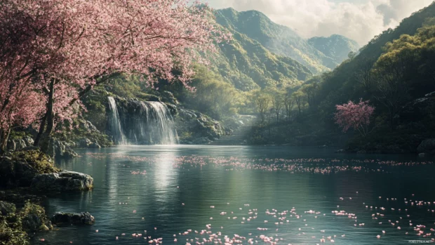 A quiet river in Japan winding through a valley where cherry blossoms fall gently onto the water.