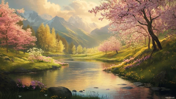 A quiet river winding through a valley filled with spring blossoms.