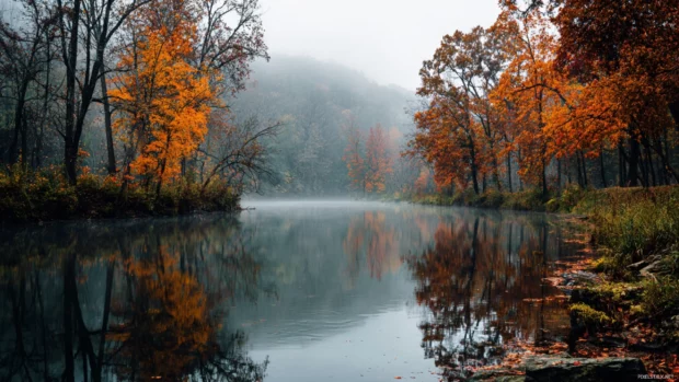 A quiet riverside enveloped in Dark Fall colors, dark waters reflecting fiery trees, soft mist rising.