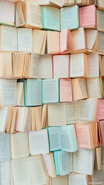 A quiet space captured with book wallpaper with quotes written on book spines and sticky notes in pastel hues.