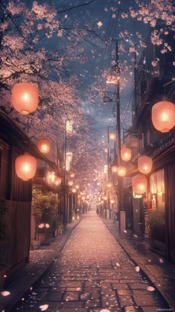 A quiet street in Japan glowing softly under paper lanterns with cherry blossoms gently falling around.