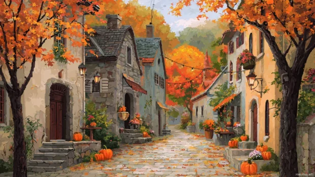 A quiet village street decorated with fall pumpkins, cozy homes, and trees painted in autumn colors.