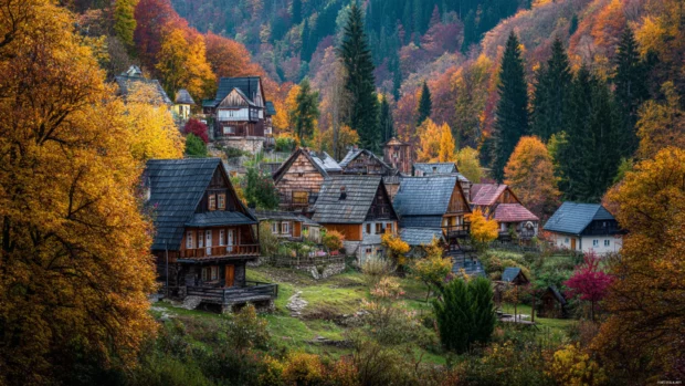 A quiet village wrapped in the charm of Beautiful Fall with colorful trees and cozy wooden houses.