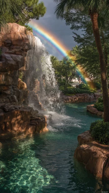 A rainbow arcs over the Waterfall as it pours gracefully into a shimmering pool.