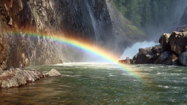 A rainbow gently resting at the base of the Waterfall where the powerful water meets the calm river.