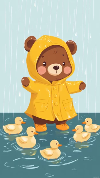 A raincoat wearing Cute Bear splashing in puddles with ducklings.