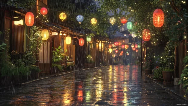 A rainy Tokyo alley lit by colorful lanterns reflecting on the wet pavement.