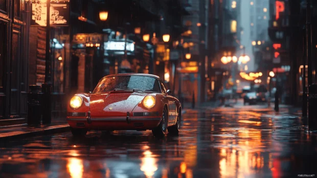 A rainy city evening where a vintage Porsche glistens under old street lamps and reflections.