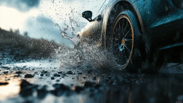 A rainy day shot with Porsche splashing through puddles and droplets frozen midair in 4K resolution.