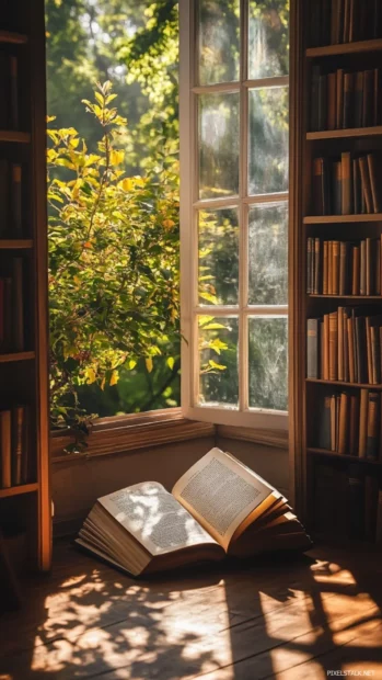 A reading book iPhone wallpaper depicting a quiet library corner, sunlight on the pages of an open novel.