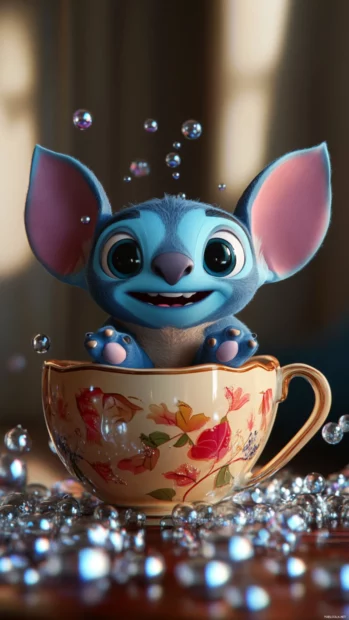 A realistic 3D Stitch sitting in a teacup surrounded by tiny bubbles.