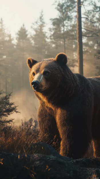 A realistic brown bear standing in a misty forest at dawn, detailed fur and soft lighting.