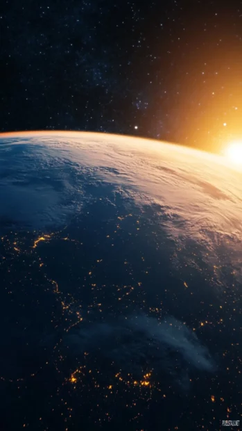 A realistic earth iPhone wallpaper showing the glowing curvature of the planet viewed from high orbit.