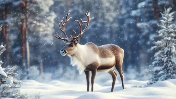 A realistic reindeer wallpaper with fine detail in the fur and antlers, standing in a snowy pine forest.